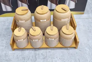 7pc Speckled Ceramic Spice Set With Wooden Stand