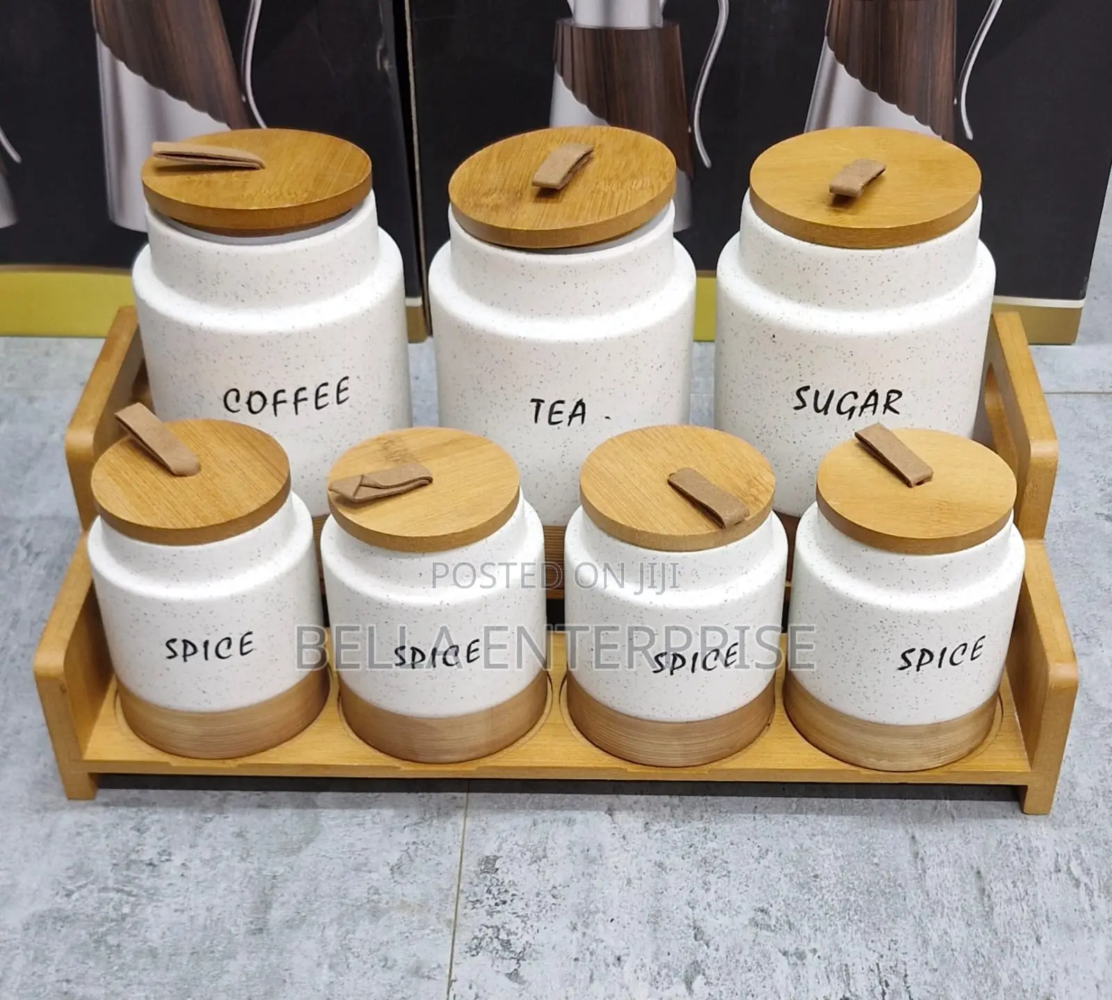 7pc White Rustic Ceramic Canister Set With Wooden Stand