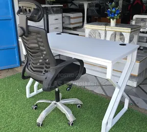 White Office Table With Egornomic Chair With Headrest