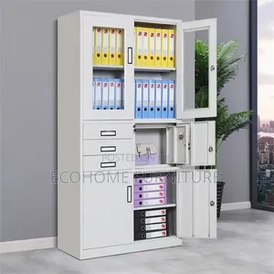 Steel Office Storage Cabinet With Glass Doors, Drawers Lockable