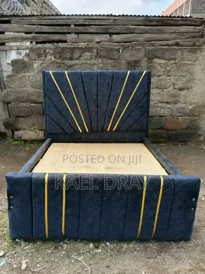 Modern Upholstered Bed – Navy Blue With Gold Trim Sunburst Headboard