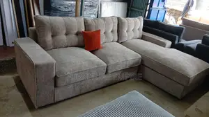 6 Seater L-Shaped Sofa Beige Tufted Back