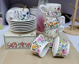 Elegant Retro Hand-Printed Peony Flower Coffee Cups Saucers