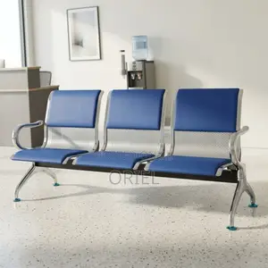 Office Bench : 3-Seater Blue Cushioned Office Leather Waiting Bench