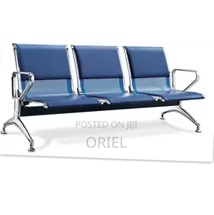 Office Bench : 3-Seater Blue Cushioned Office Leather Waiting Bench