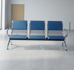 Office Bench : 3-Seater Blue Cushioned Office Leather Waiting Bench