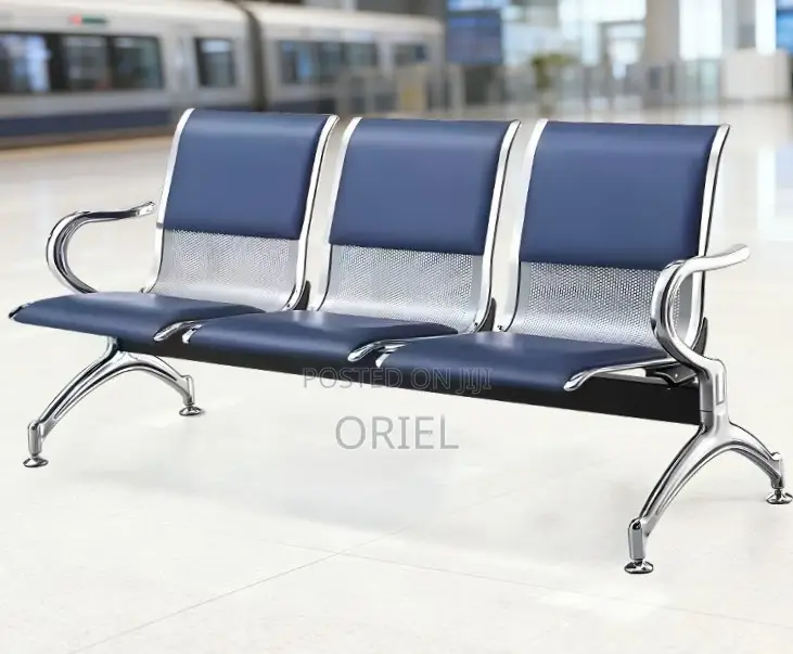 Office Bench : 3-Seater Blue Cushioned Office Leather Waiting Bench