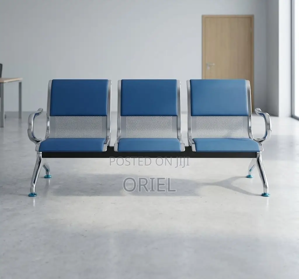 Office Bench : 3-Seater Blue Cushioned Office Leather Waiting Bench