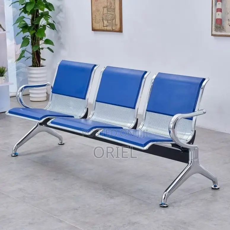 Office Bench : 3-Seater Blue Cushioned Office Leather Waiting Bench