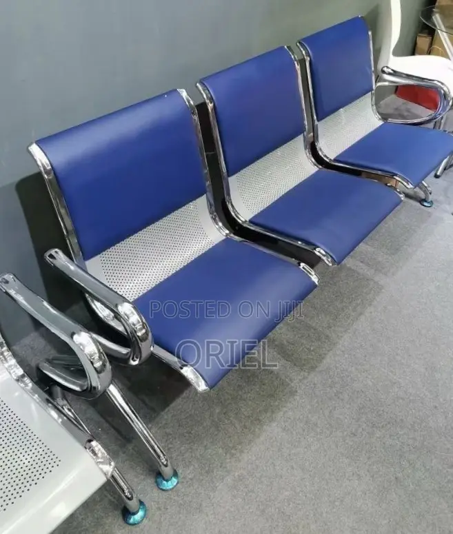 Office Bench : 3-Seater Blue Cushioned Office Leather Waiting Bench