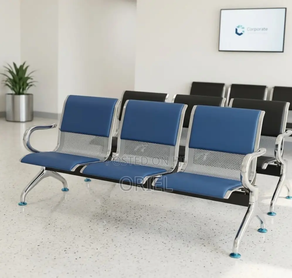 Office Bench : 3-Seater Blue Cushioned Office Leather Waiting Bench