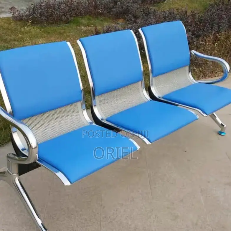 Office Bench : 3-Seater Blue Cushioned Office Leather Waiting Bench