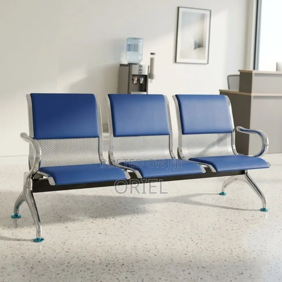 Office Bench : 3-Seater Blue Cushioned Office Leather Waiting Bench