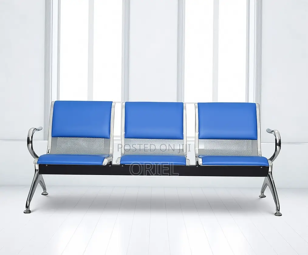 Office Bench : 3-Seater Blue Cushioned Office Leather Waiting Bench