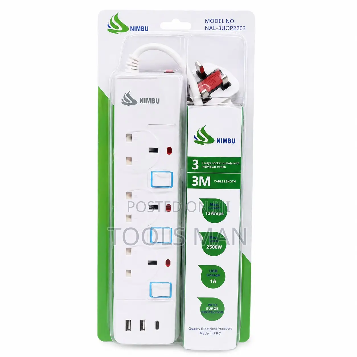Surge Protector Nimbu 3-Way Extension Cable 3M With USB Ports Type C