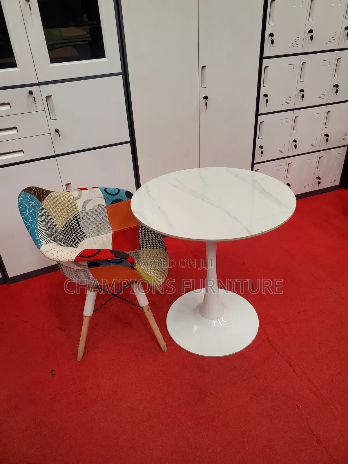 White Tulip Table and Patchwork Eames Chair