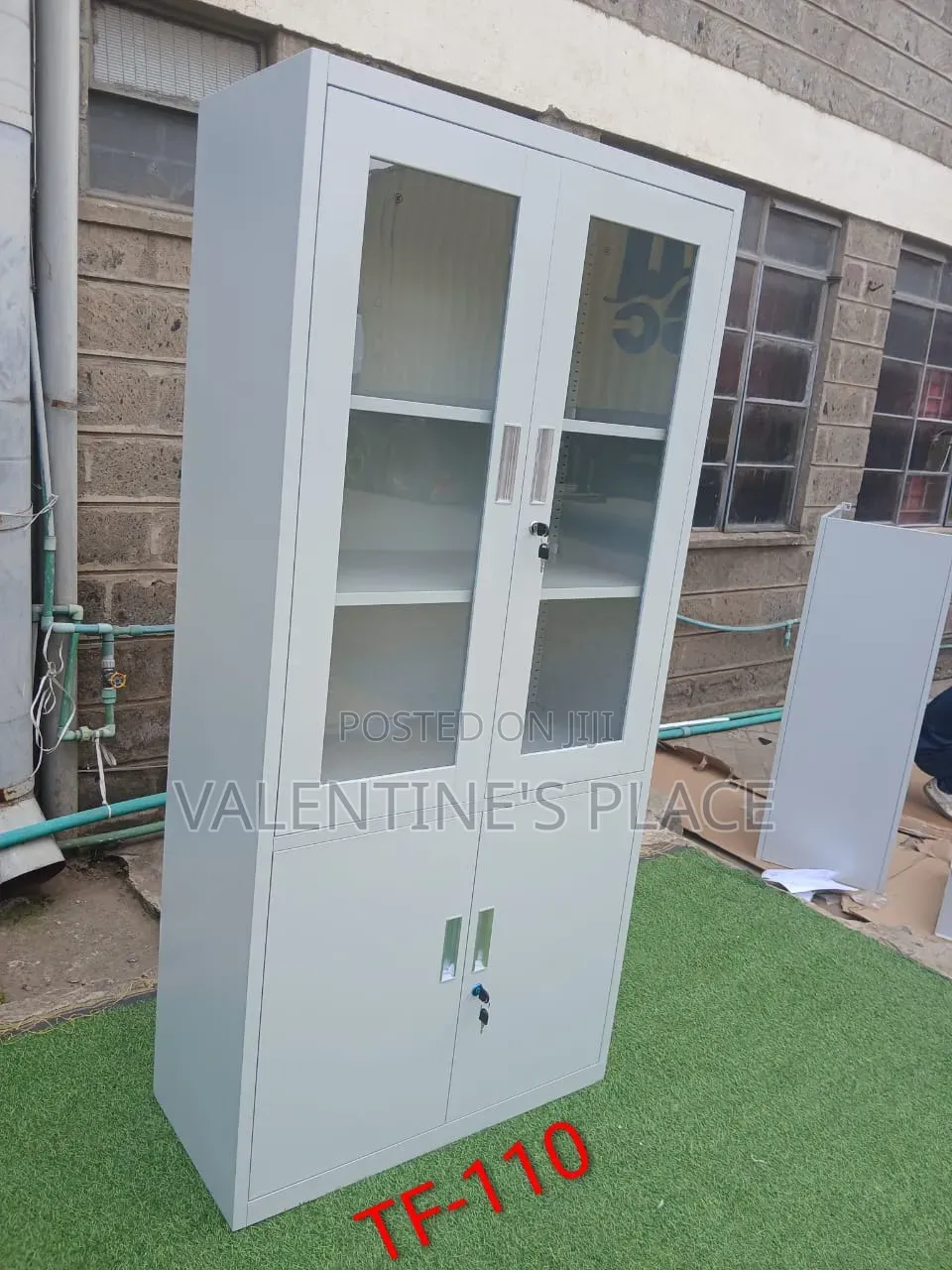 Brand New Modern Metal Storage Cabinet With Glass Solid Doors