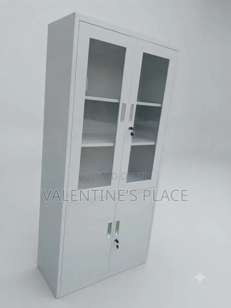 Brand New Modern Metal Storage Cabinet With Glass Solid Doors