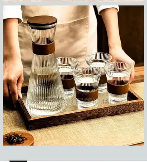Glass Ribbed Jug With 4 Cups