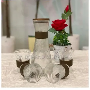 Glass Ribbed Jug With 4 Cups