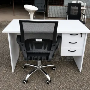 Executive White Desk With 3 Drawers and Ergonomic Chair