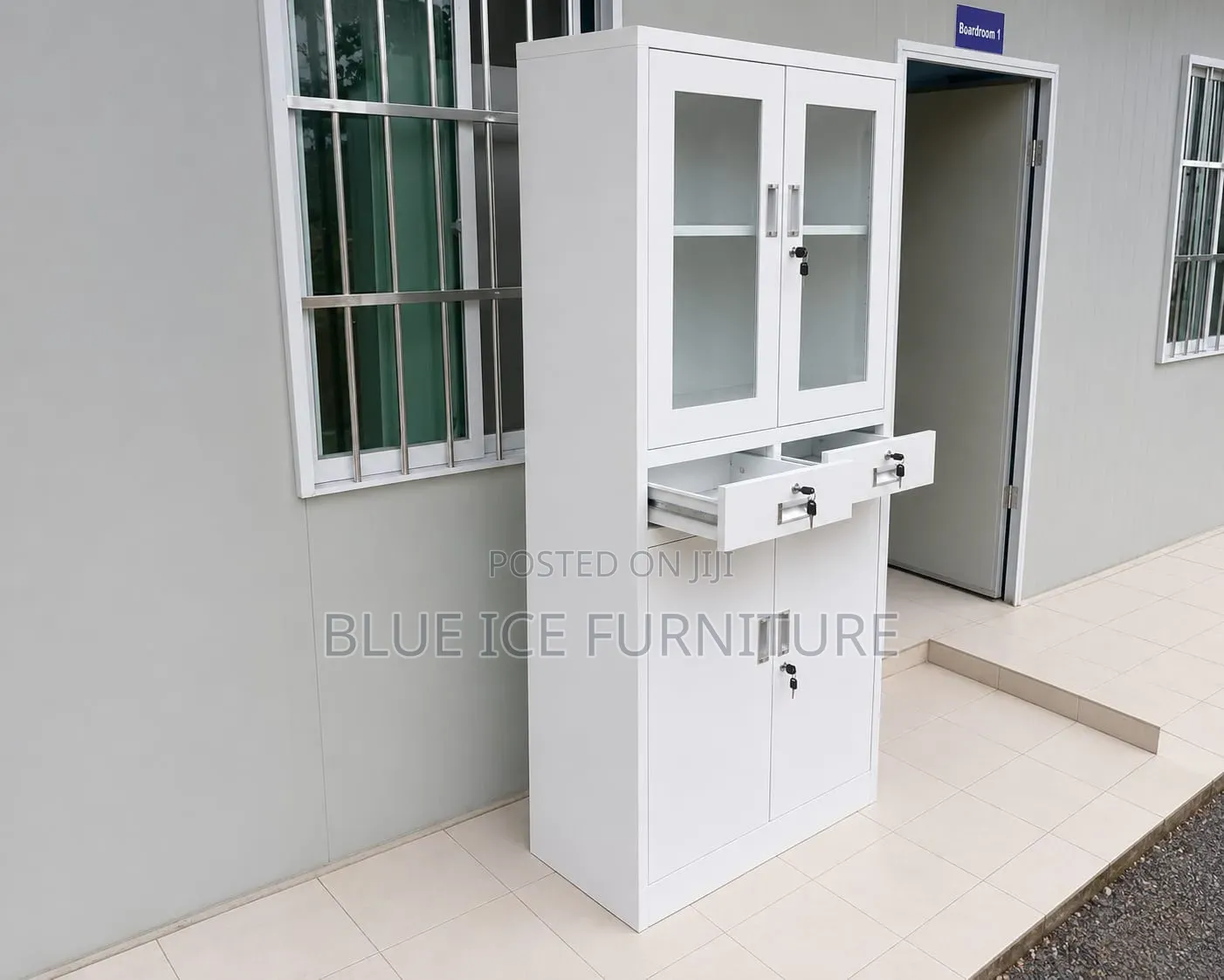Modern White Office Storage Cabinet With Glass Doors Lockable Drawer