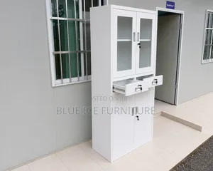 Modern White Office Storage Cabinet With Glass Doors Lockable Drawer