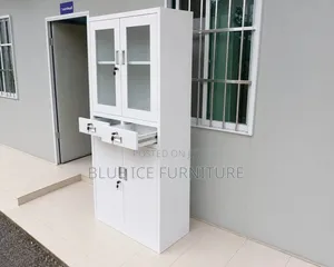 Modern White Office Storage Cabinet With Glass Doors Lockable Drawer