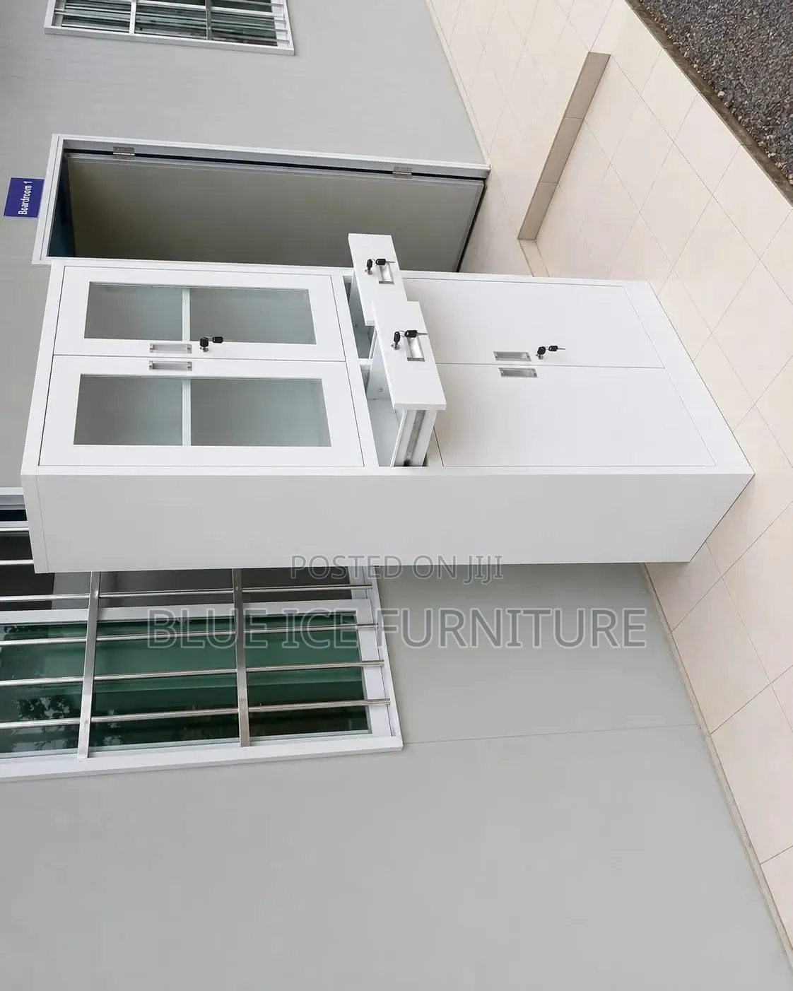 Modern White Office Storage Cabinet With Glass Doors Lockable Drawer