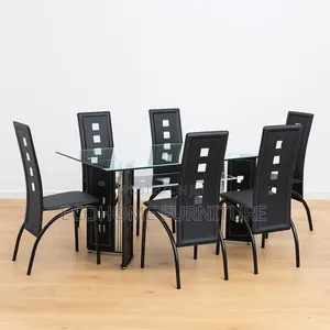6-Seater Modern Glass Dining Table Set With Black Chairs